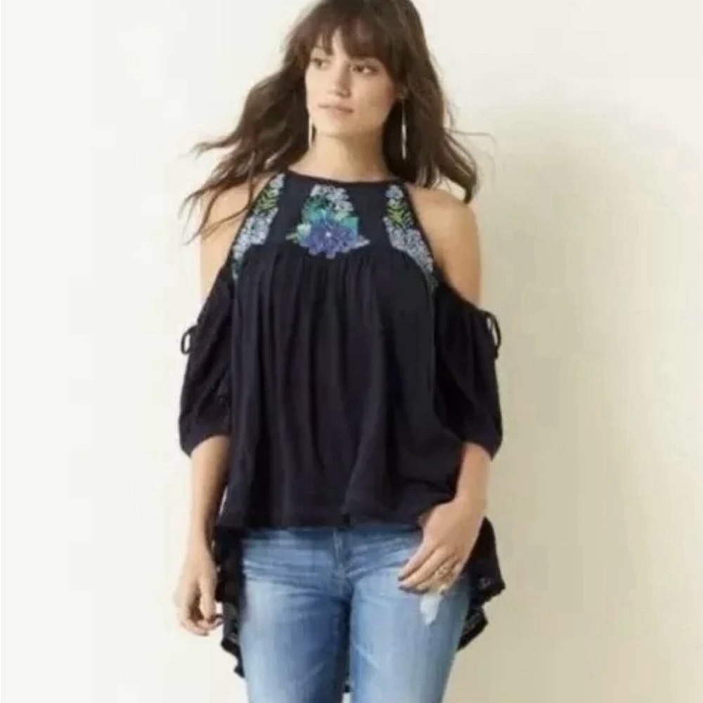 Free People Fast Times Blue Cold Shoulder Top size XS Embroidered Y2K